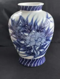 深川製磁 オリエンタルブルー ヌーボー 9号 中古花瓶 青い花装飾の陶器