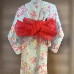 キッズ用 浴衣ドレス 花柄 水色 レッド帯のサムネイル