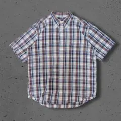 オールドユニクロ チェックシャツ 半袖 ボタンダウン 紺 茶 L 90s 紺タグ