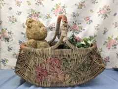 イギリス アンティーク ハンドメイド バスケット 花柄
