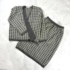 セットアップ　スカート　M ウール　カーディガン　総柄　昭和レトロ　変形デザイン