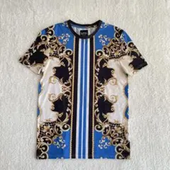 boohooMAN 総柄 Tシャツ L ブルー ゴールド バロック柄 半袖 人気のサムネイル