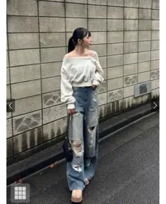 ダメージデニム ワイドレッグ ライトブルー