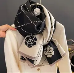 カメリア柄　大判ストール　ショール　ブランケット モノトーン　黒　ベージュ