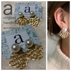 2017-1 2way☺︎大パールピアス×スクエア型アンティークゴールド☺︎