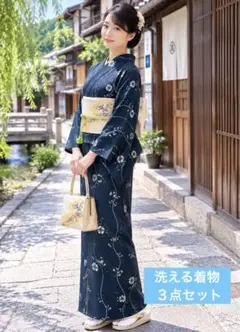 小紋　舞花文　黒地　洗える着物　 花柄 ３点セットのサムネイル