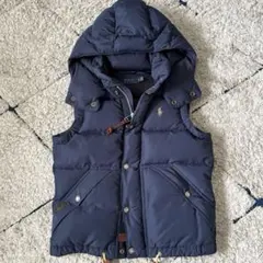【極美品✨】ポロラルフローレン　ダウンベスト　フード　レザー　ポニー刺繍　紺色