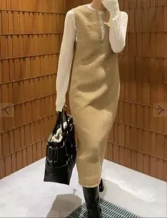 【新品タグ付き】ボールジィ ワッフルツイード キーネックワンピース ベージュ 冬