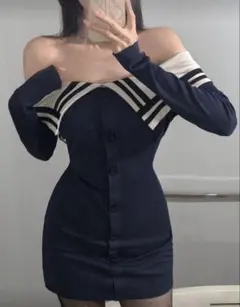ネイビーオフショルダーミニワンピース