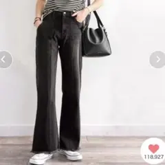 最旬美脚デニム　裾フリンジセミフレアデニムパンツ