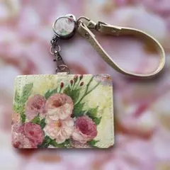 花柄レザーアクセサリーポーチ ブラウン ミニバラ トールペイント