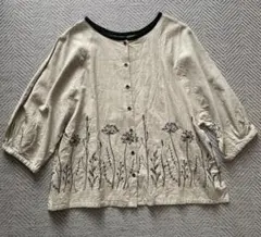 blue willow 刺繍　コットンリネンブラウス