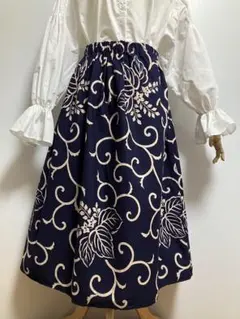 古布　風呂敷リメイク　柿渋染めスカート　桐唐草模様　低身長〜160cm向き