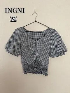 【良品】INGNI ギンガムチェック 半袖 M バルーン袖 ウエストシャーリング