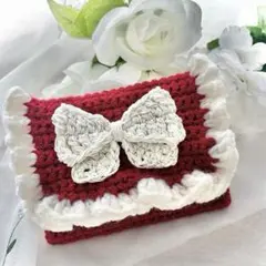 【韓国ガーリーラメ入りシルバーリボンポーチ】レッド＊かぎ編み＊推しカラー＊編み物