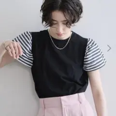 NOSTALGIA 異素材切り替え パフスリーブ 半袖Tシャツ ブラック