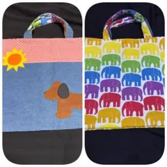 リバーシブル　ハンドメイド レッスンバッグ　シューズポーチ　 デニム風のサムネイル