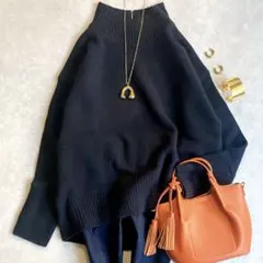 美品 アンフィーロ カシミヤブレンドハイネックニット ダークネイビー