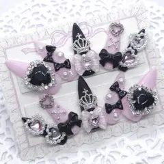 【現品】ネイルチップ 量産型 地雷系 サブカル 平成女児 ハート ピンク 黒