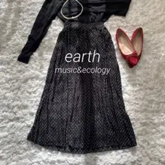 earth プリーツスカート ドット柄  ウエストゴム 黒×白 F a747①