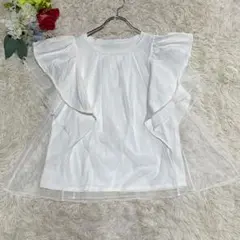 【ロペピクニック】フリル袖 チュール切替トップス ホワイト (38 M)春夏