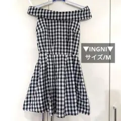 INGNI / 白黒 チェック柄 ミニ丈 ワンピース オフショルダー