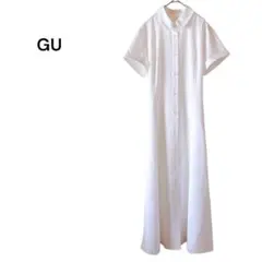【美品】GU ロングシャツワンピース 透け感 前ボタン 半袖 白 M