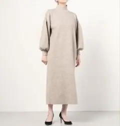 CLANE UP NECK PUFF SLEEVE KNIT OP BEIGE