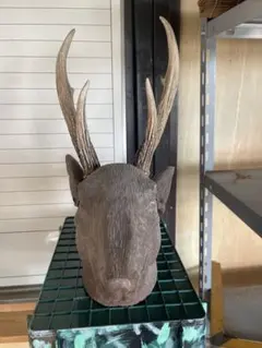 木製 鹿の頭部彫刻 （ツノは本物）