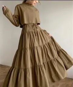 セットアップ風長袖ティアードマキシ丈ワンピース