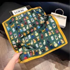 猫スカーフ 大判 70×70cm 緑 バンダナ ヘアアレンジ　新品未使用