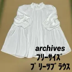 スタンドカラープリーツブラウス半袖シア感 フリーサイズ ホワイトarchivesのサムネイル