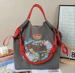 ラビット エコバッグ　刺繍　ストラップ付　M ダークグレー　カラフル　かわいい