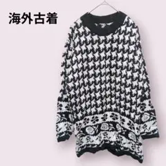 ハウンドトゥース ニットセーター 黒/白 薔薇 バラ 花柄 ゆったり