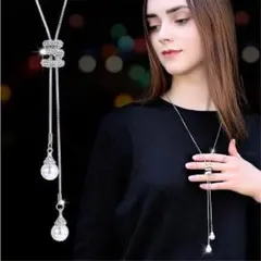 大人気 3連チャーム シルバー パール ロングネックレス ペンダント