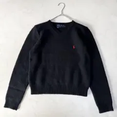 Ralph Lauren ウール100% Vネックセーター L 黒 赤ポニー
