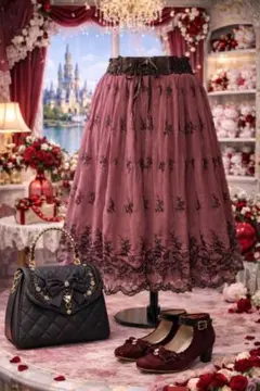 axes femme刺繍入りピンクプリーツスカート Mサイズレースアップ管A8