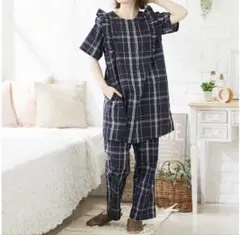 上下3点セット　マタニティパジャマ　授乳しやすいネイビー系チェックパジャマ