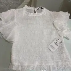 フリル付きホワイト半袖ブラウス XS
