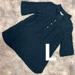 美品｜チェック｜半袖シャツワンピ｜L相当｜春夏秋ナチュラル体型カバー
