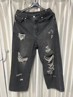 ダメージ加工 ブラック ワイドレッグデニム