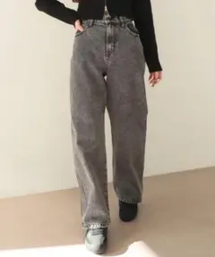 グレー ワイドレッグ デニムパンツ