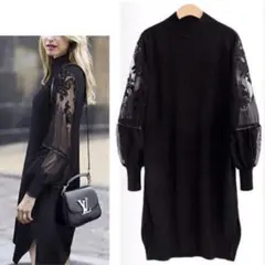 袖コンシャスニットワンピース レース袖 ふんわり袖 黒ブラック 韓国ファッション