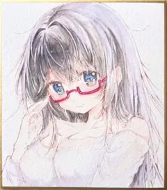オリジナル 手描き アナログ イラスト 色紙 原画 メガネっ娘 水彩画