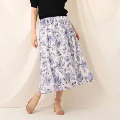 花柄 フレアロングスカート ホワイト×ブルーのサムネイル