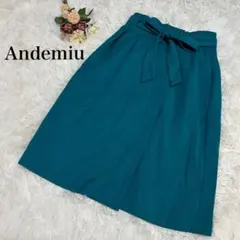 【Andemiu】膝丈フレアスカート　リボン付き　青　ブルー　S Aライン