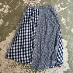 ギンガムチェック　ロングフレアスカート アシンメトリー　L