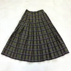yn063 良品✨ジュンアシダ チェック柄プリーツフレアスカート ロング丈 羊毛