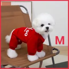 わんちゃん ロンパース 赤 M 裏起毛 英字ロゴ 防寒 つなぎ 犬服 ペット★