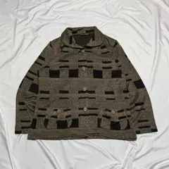 【美品】 ウール混 ニットジャケット M-L カーディガン 総柄 茶 黒 襟付き